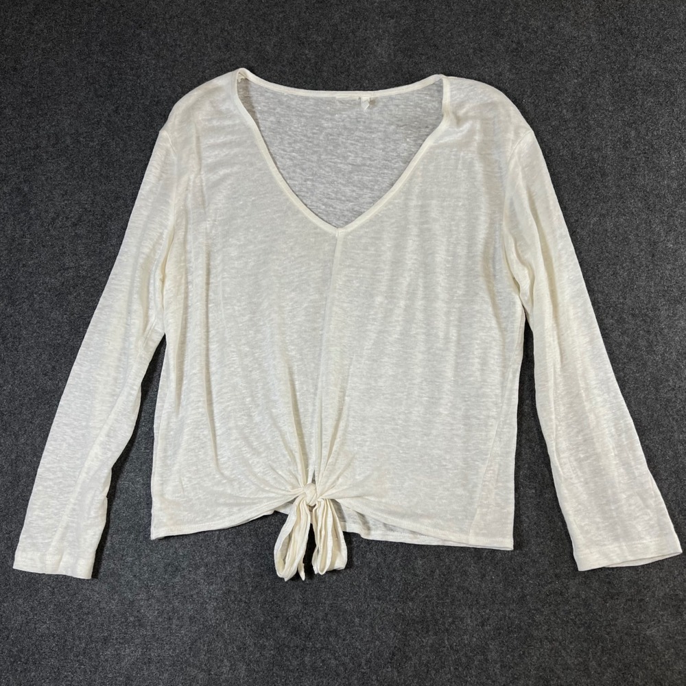 White Linen V-Neck Long Sleeve Front Tie Knot Knit Top Cream Beach Boho